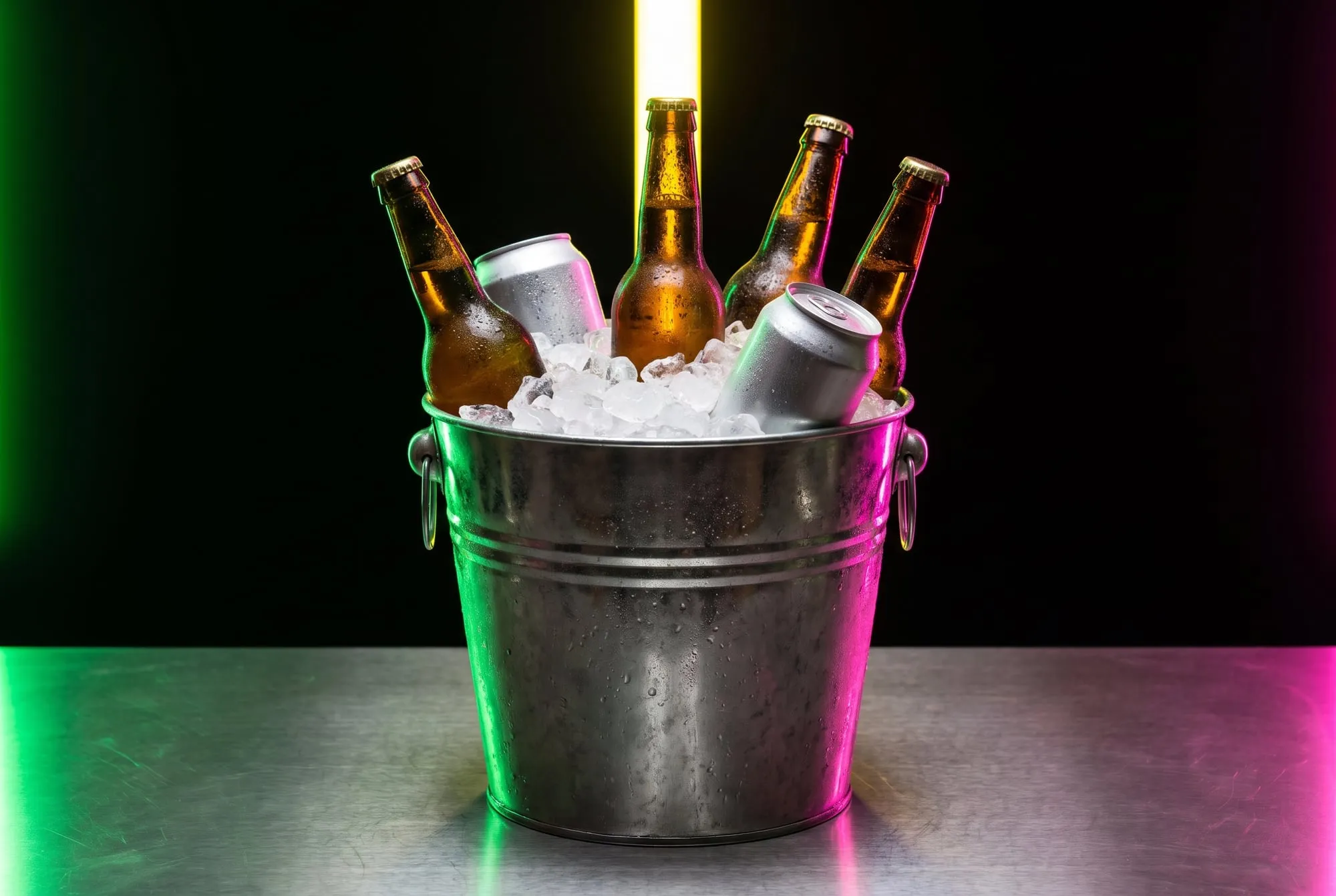 A steel bucket of ice packed with cold beer bottles and cans under green and yellow neon