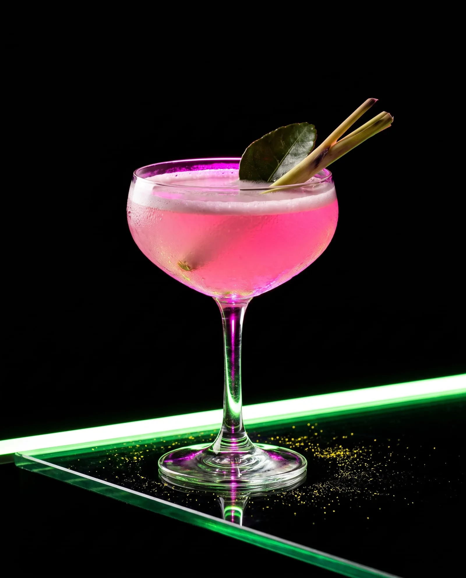 A frothy pink cocktail with a makrut lime leaf and lemongrass, lit by pink and green neon