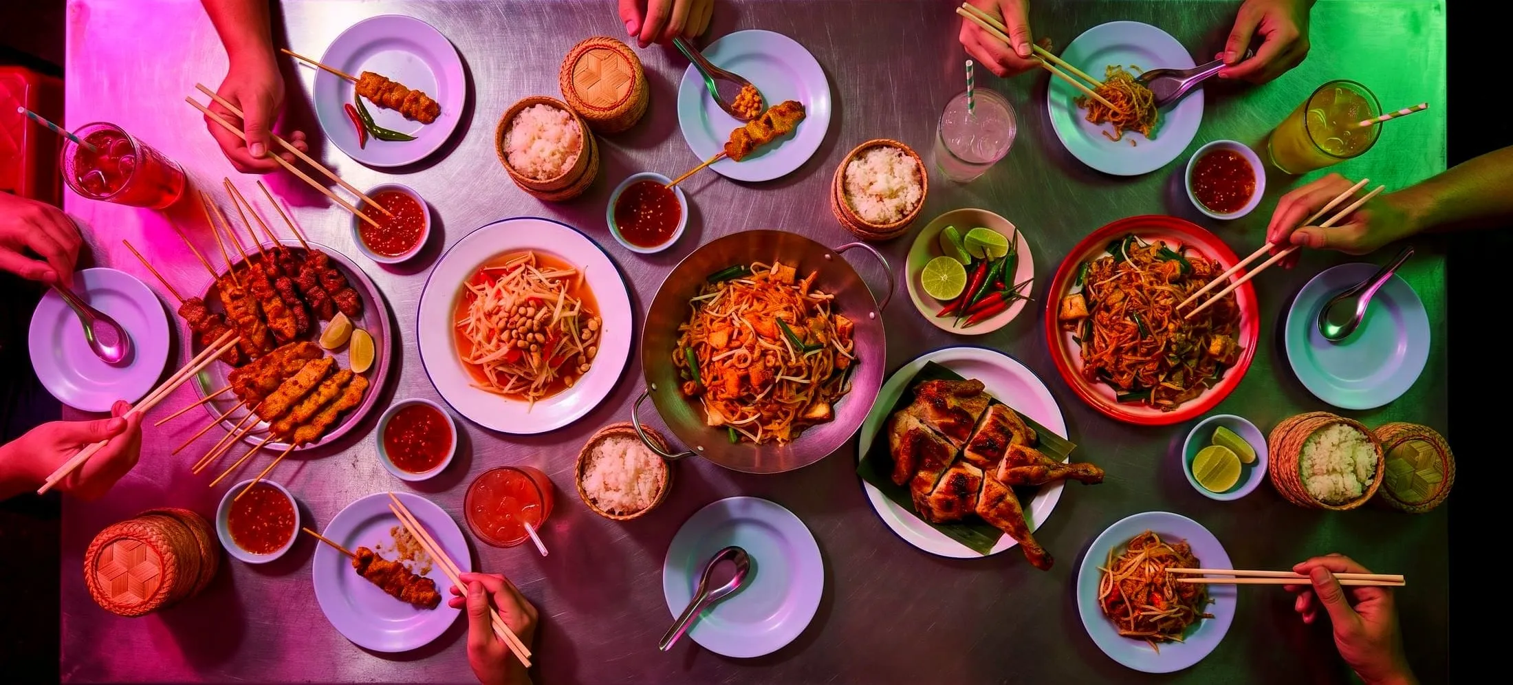 Hands reaching across a steel table crowded with Thai street food to share