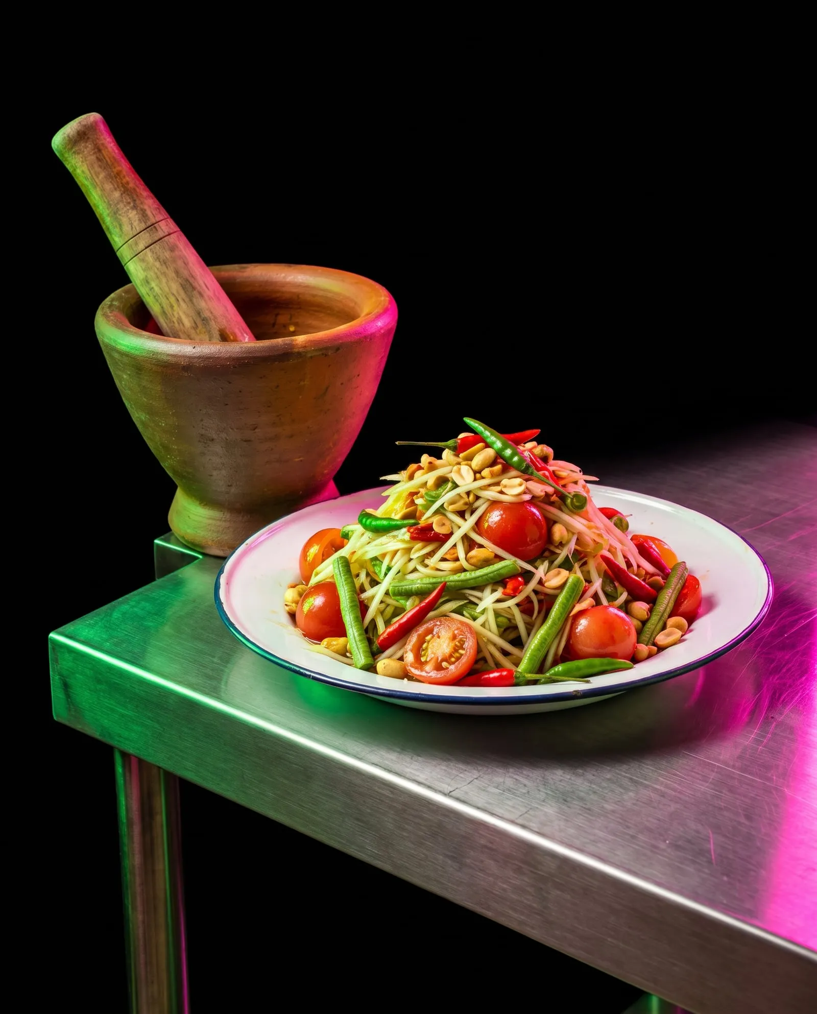 Green papaya salad with tomatoes and chillies beside a clay mortar and pestle