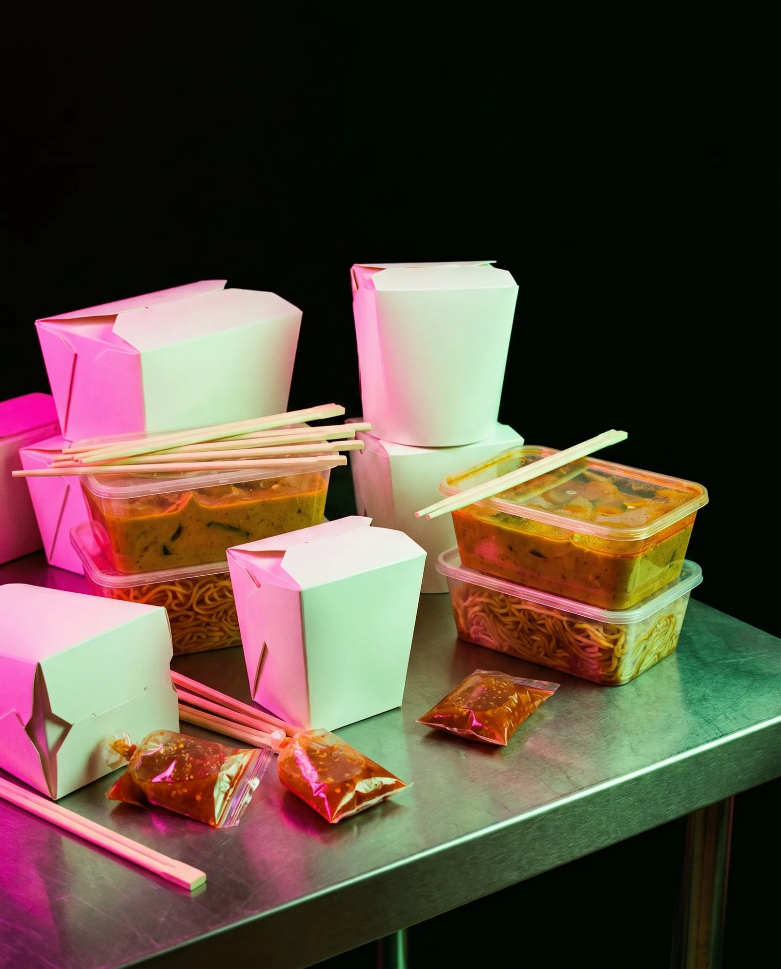 Takeaway noodle boxes, curry tubs and chopsticks stacked on a steel counter under pink neon